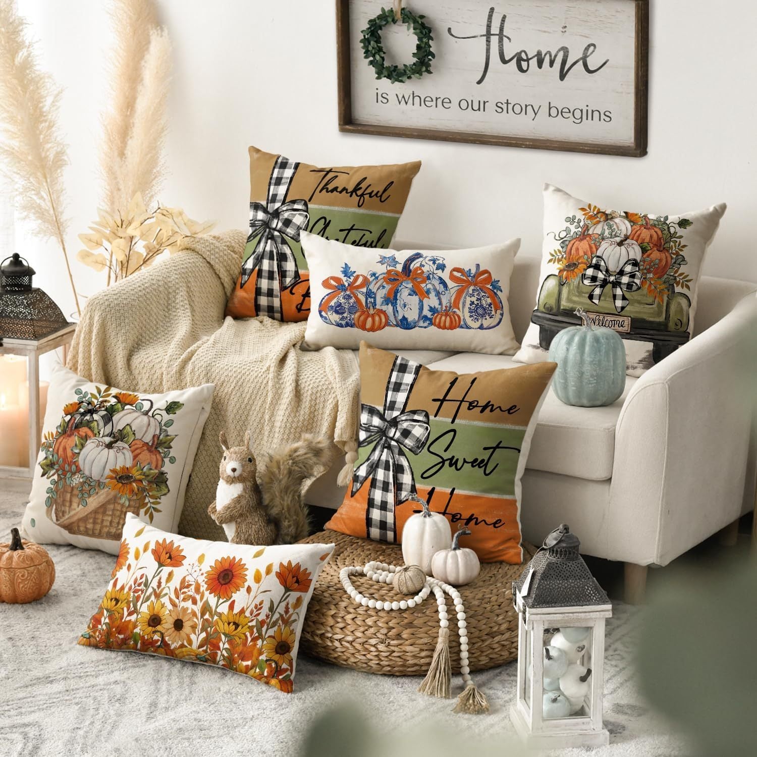 Fall Pumpkin Truck Sunflowers Home Sweet Home Throw Pillow Covers, 18 X 18 Inch Autumn Thankful Grateful Blessed Harvest Floral Decorations For Sofa Couch